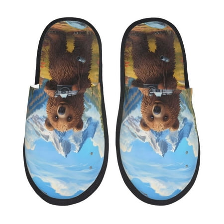 

Noikeo Snowy Mountain Photography Bear Pattern Cozy Slippers Indoor for Women and Mens Fuzzy House Shoes Soft Plush Warm Slip-on Slippers-Large