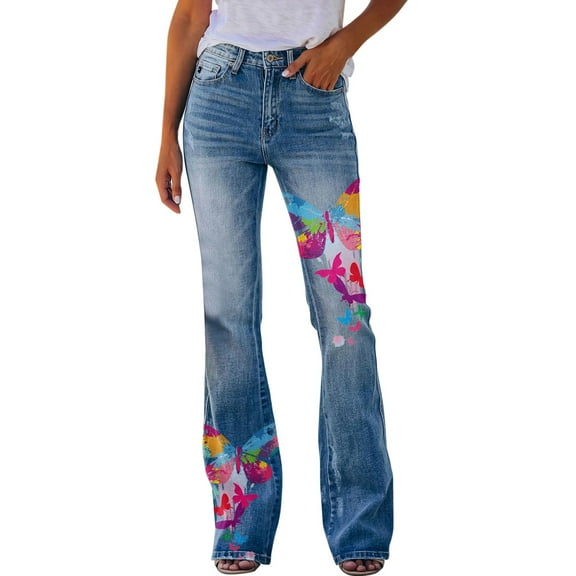 Fsqjgq Capri Pants for Women Jean Capris for Women Pants Printed Pattern Loose Flared Hem Jeans Stretch Flared Bottoms Pink M