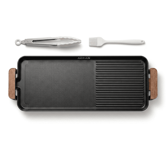 Aoran 40cm Large Griddle Pan with Wood Grain Handle, Non-stick Grill Plate with Bonus Brush and Tongs Set