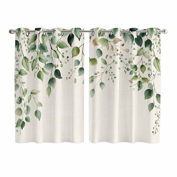 Eucalyptus Leaf Kitchen Curtains 72 Inch Length, Watercolor Green Plant Vintage Country Grommet Top Bedroom Living Room Curtains, Light Filtering Cafe Curtain Drapes 2 Panels Set 104''x72''