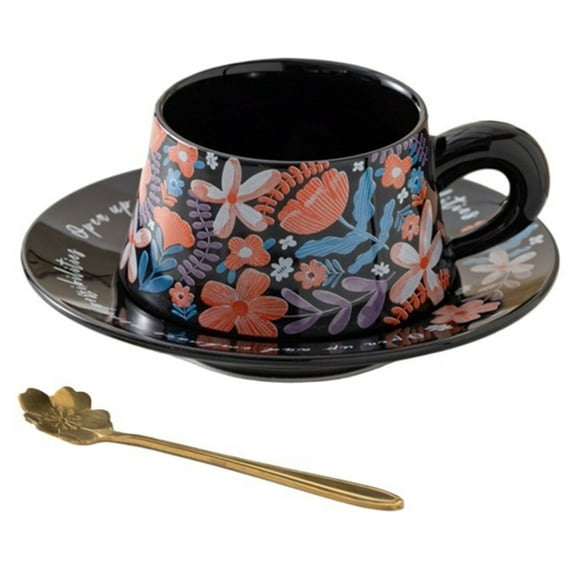 Ceramic Floral Coffee Mug Cup Saucer Set with Handles Spoons for Office Home