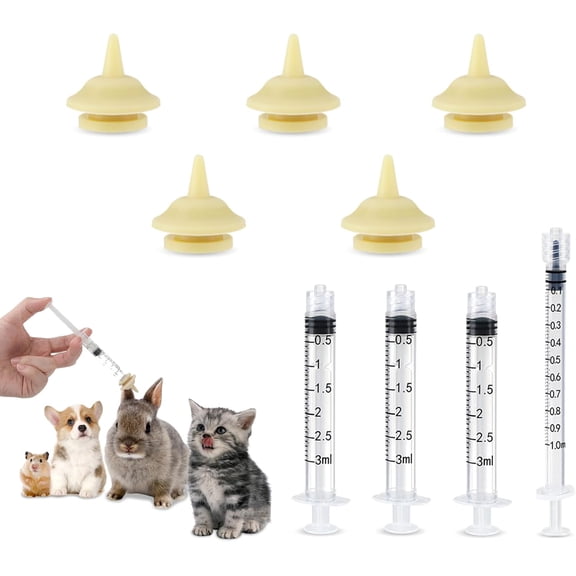 Monebena Kitten Feeding Nipples for Syring Nursing, 5 Pcs Bionic Silicone Nipples with 4Pcs Syring Bottles (1 3cc), Reusable Nipples Sets for Newborn Kitten Puppie Bunnie Squirrel Small Animals