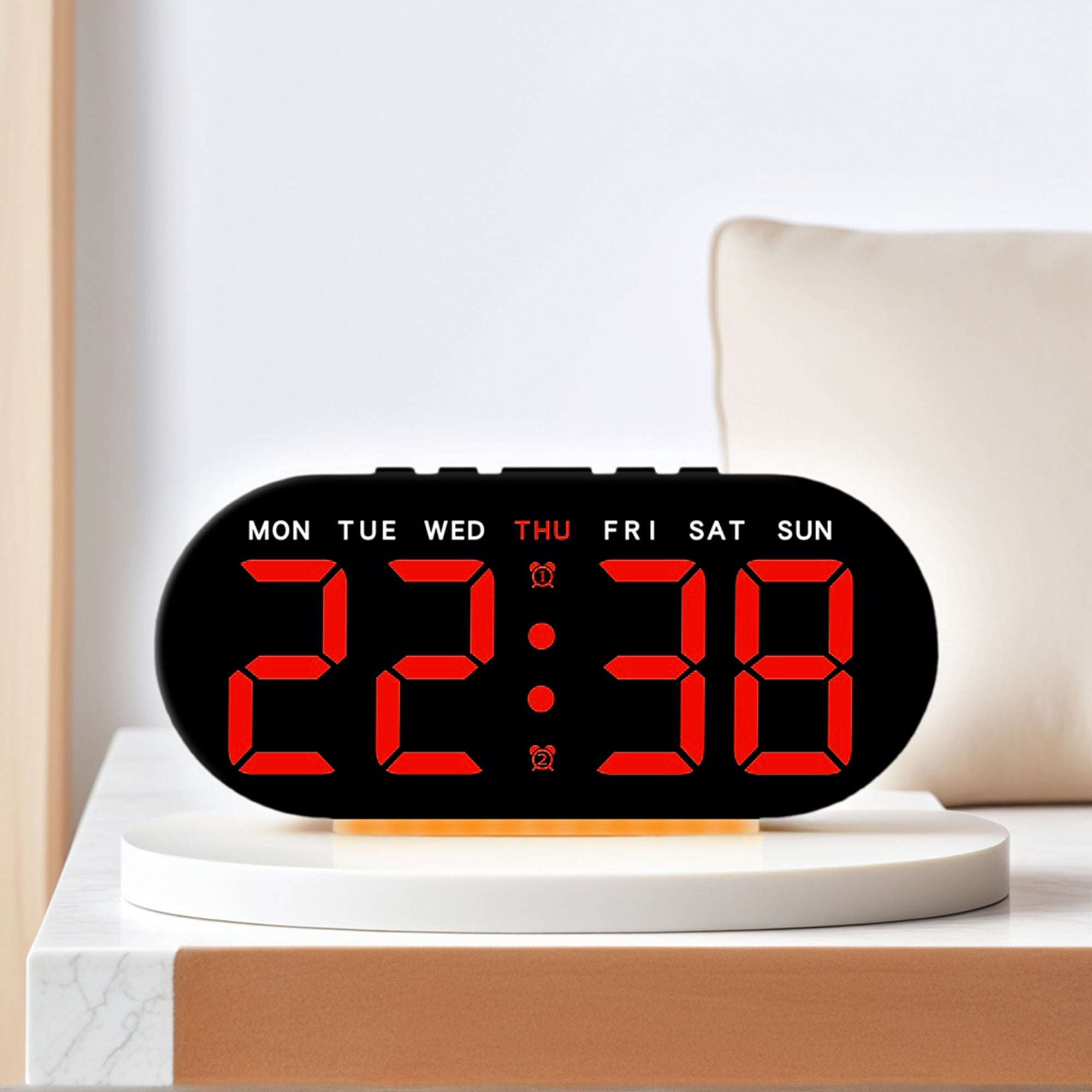 Unique Bargains 2 Pcs Oval Digital Alarm Clock Bedroom Black Red/White Red