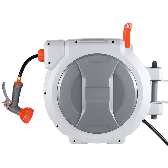 KFFKFF Retractable Garden Hose Reel, 1/2 in x 130 ft, Wall-Mounted with 9-Pattern Spray Nozzle, 180° Swivel Bracket, Adjustable Length Lock, Automatic Slow Rewind for Watering Tasks