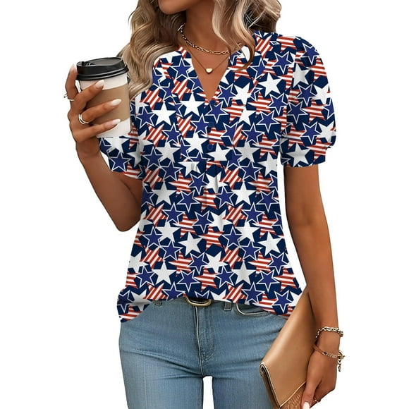 Camisa IECCP con la bandera estadounidense para mujer, cuello en V, manga abullonada