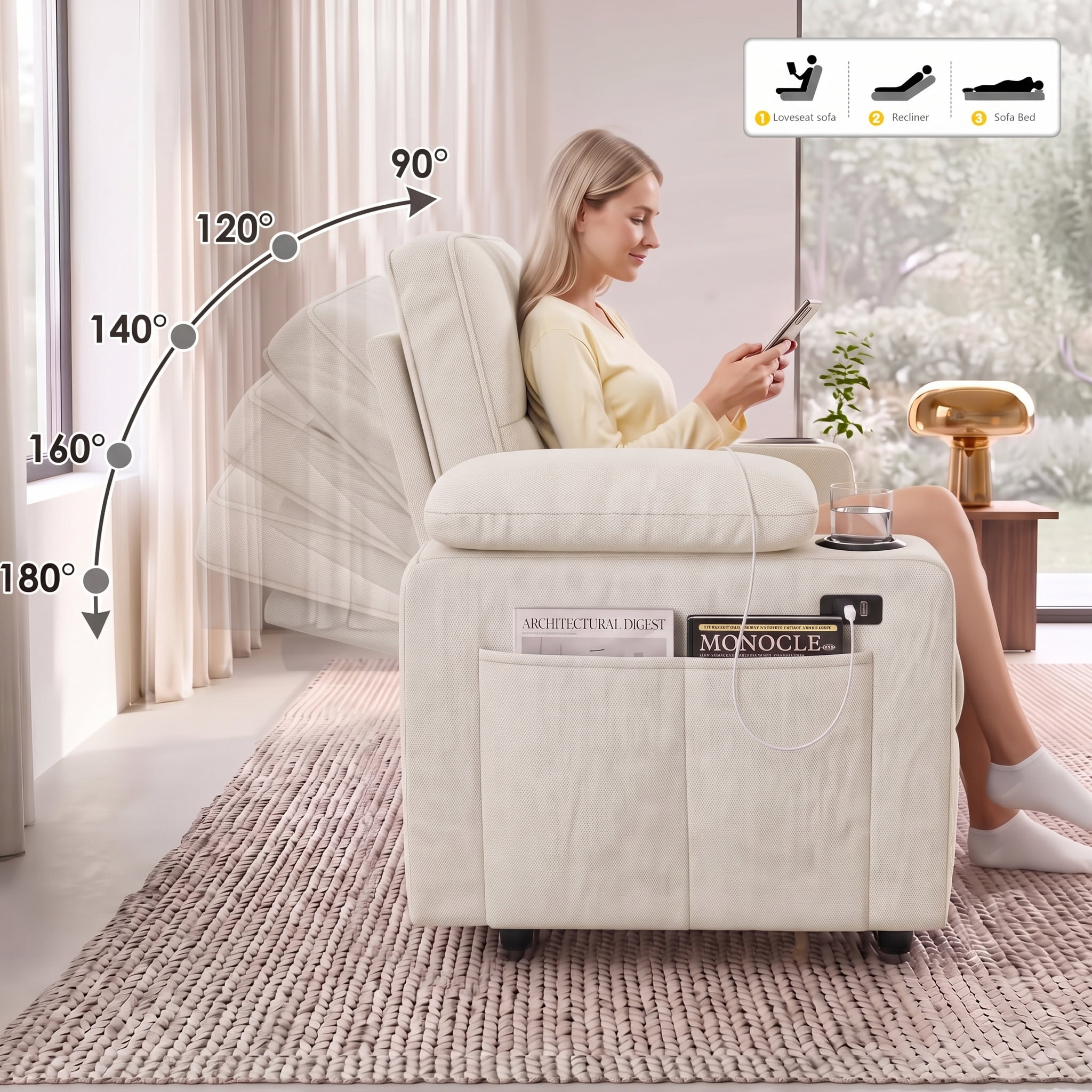 Xiweot Convertible Sleeper Sofa Bed, 58" Full Size Pull Out Couch with Cup Holders, Adjustable Backrest, USB Ports & Side Pockets, Towel Fabric Sleeper Loveseat for Living Room Apartment (Beige)
