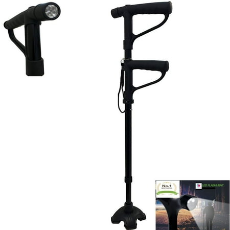 Handle Walking Stick - Multi-function Walking Cane Stick Double Handle Design With Flashlight LED Lights Build-in Comfortable cushion Handle Adjustable for get up and go Men and Women (Black) - Maximum Comfort