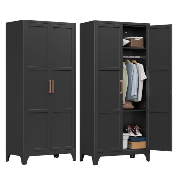 Metal Wardrobe Cabinet with Hanging Rod, 71" Metal Clothing Storage Cabinets with 2 Doors and Adjustable Shelves, Black Armoire Wardrobe Closet for Bedroom, Laundry Room, Cloak Room