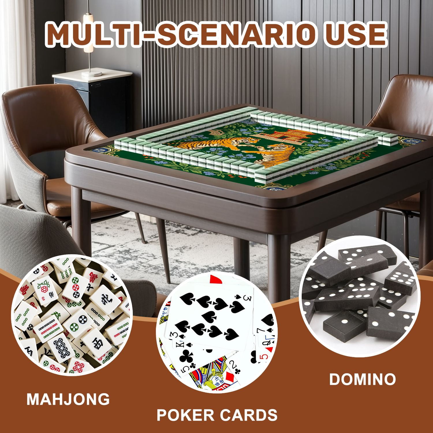 Mahjong Mat 31.5" x 31.5" Twin Tigers Chinese Pagoda Floral Details Green Non-Slip Noise Reduction American Mahjong Tiles Table Cover for Dominoes Poker Card Board Games Gift