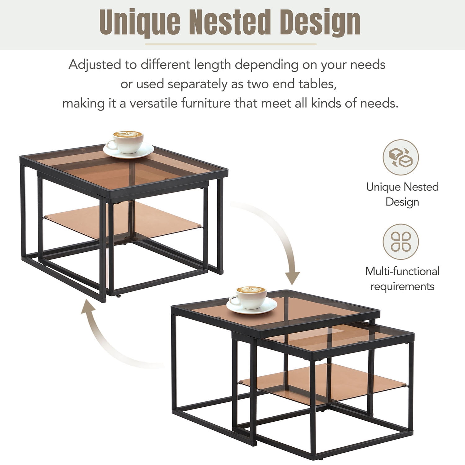 Kadyn Nested Coffee Table Set, Tea Table with Metal Frame, Tempered Glass Sofa Center Table, Black Kadyn Nested Coffee Table Set, Tea Table with Metal Frame, Tempered Glass Sofa Center Table, Black