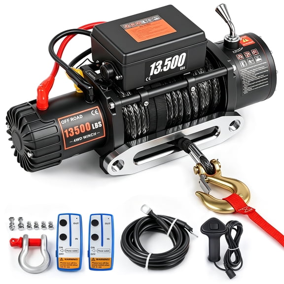 SHUNJITAI 13500LB Offroad Winch 12V Electric Winch with Synthetic Rope 79ft, Wireless Remote & Handheld Control, 6.5HP Copper Motor