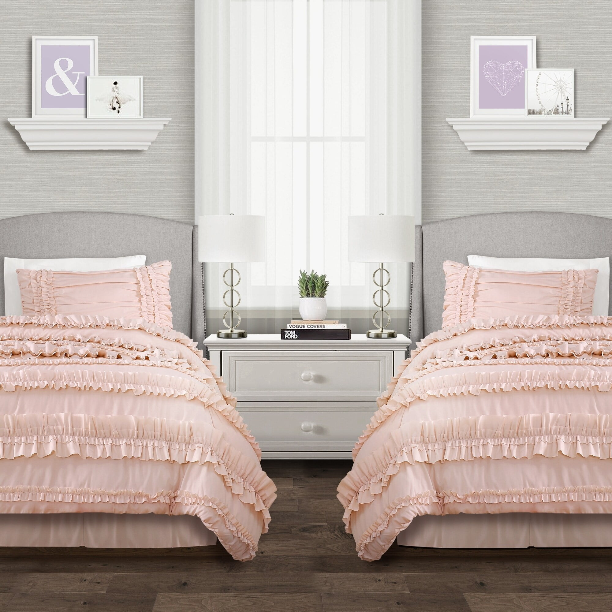Blush Twin XL Microfiber Ruffled Comforter Set