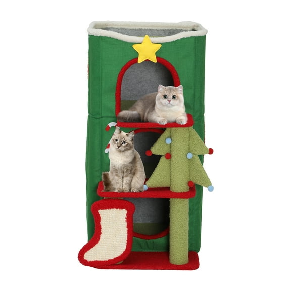Uforic 3 Level Christmas Cat House, Indoor Cat Flap Bed PlayHouse, Covered Cat Bed with Scratch Pad & Hideaway Cave,