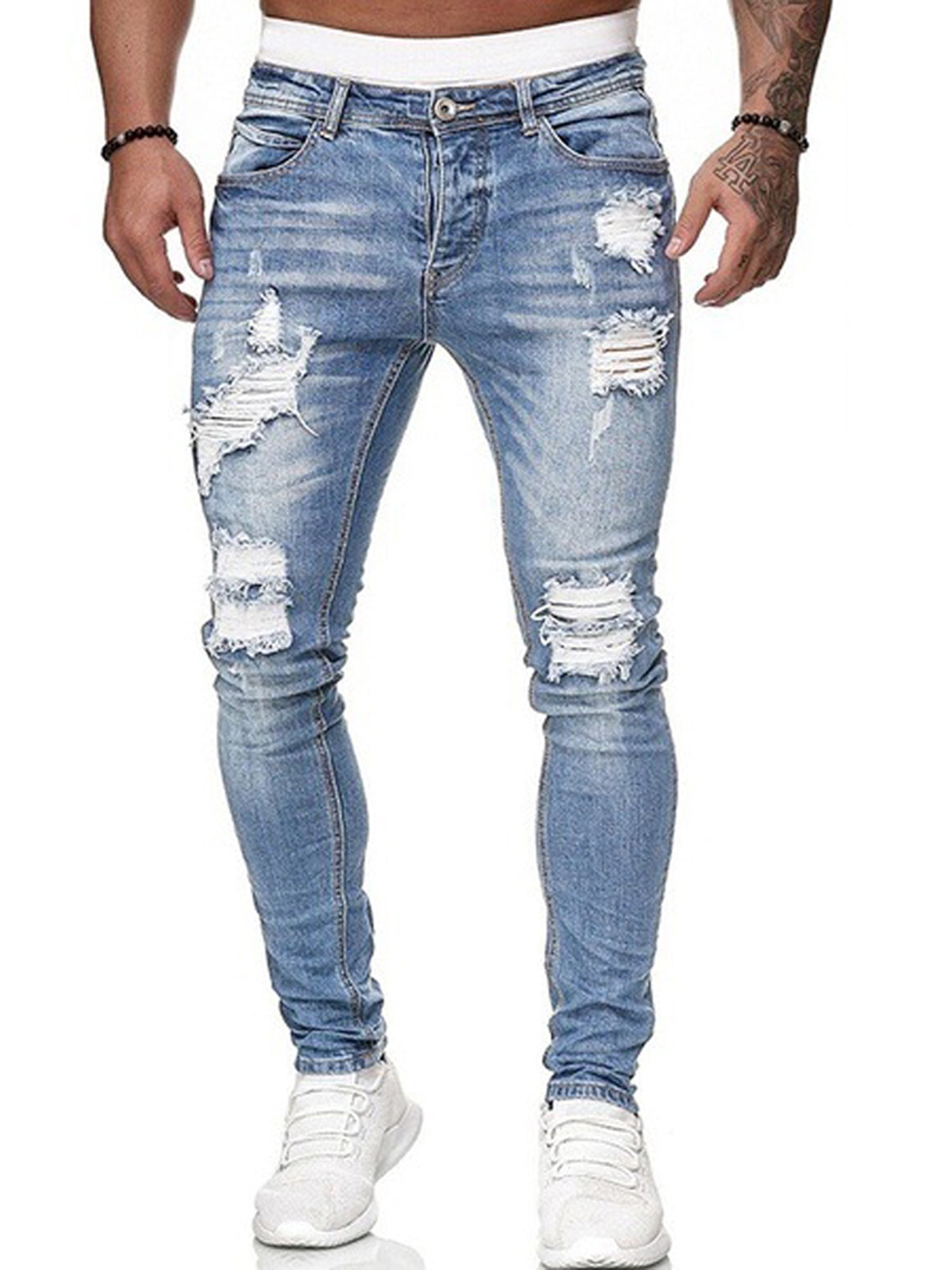 Men Jeans Knee Hole Ripped Skinny Denim Pants Solid Color Blue Autumn  Summer Hip-hop Style Slim Fit Trousers | Fruugo DK