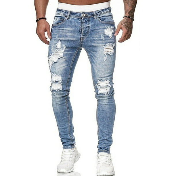 Spring Blue Cargo Pants Ripped Jeans For Men Mid-wasit Slim Fit Denim With  Pocket 
