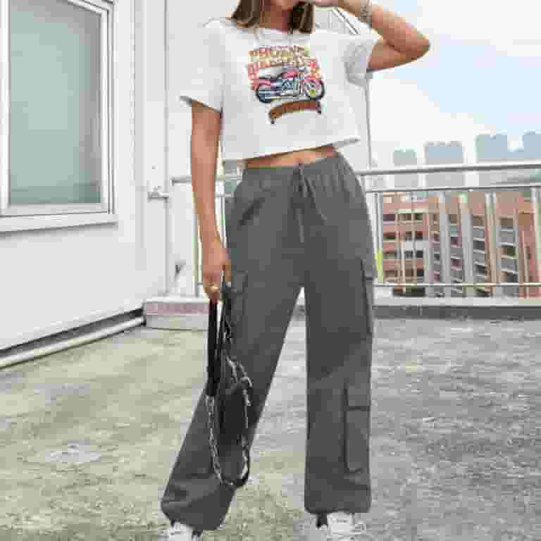 大特価セール Women's Cargo Waisted High Elastic Drawstring Pants Clothing