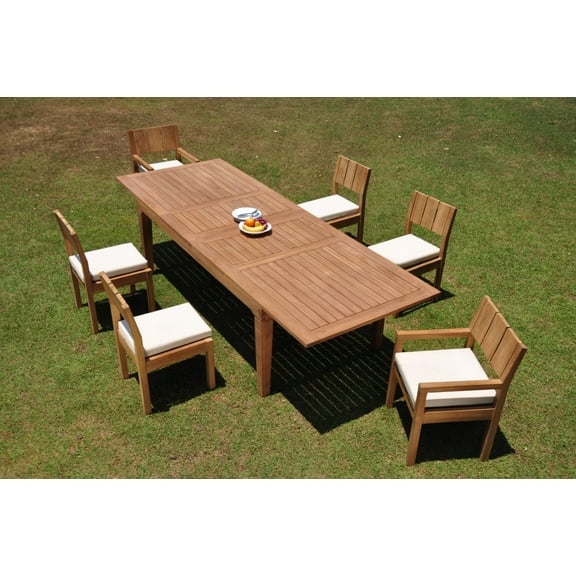 Grade-A Teak Dining Set: 6 Seater 7 Pc: 122" Caranas Double Extension Rectangle Table And 6 Veranda Chairs (2 Arm & 4 Armless Chairs) WholesaleTeak #WMVR23