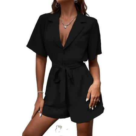 

Black Casual Plain Lapel Neck Shirt Short Sleeve Womens Jumpsuits (Women s Romper)