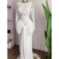 thumbnail image 3 of White Womens Long-Sleeved Round-Neck Ruched Wrap Mermaid Maxi Dress, 3 of 3