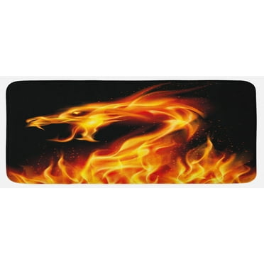 Dragon Kitchen Mat, Abstract Fiery Creature on Black Background Illustration, Plush Decorative Kitchen Mat with Non Slip Backing, 47" X 19", Orange Black, by Ambesonne