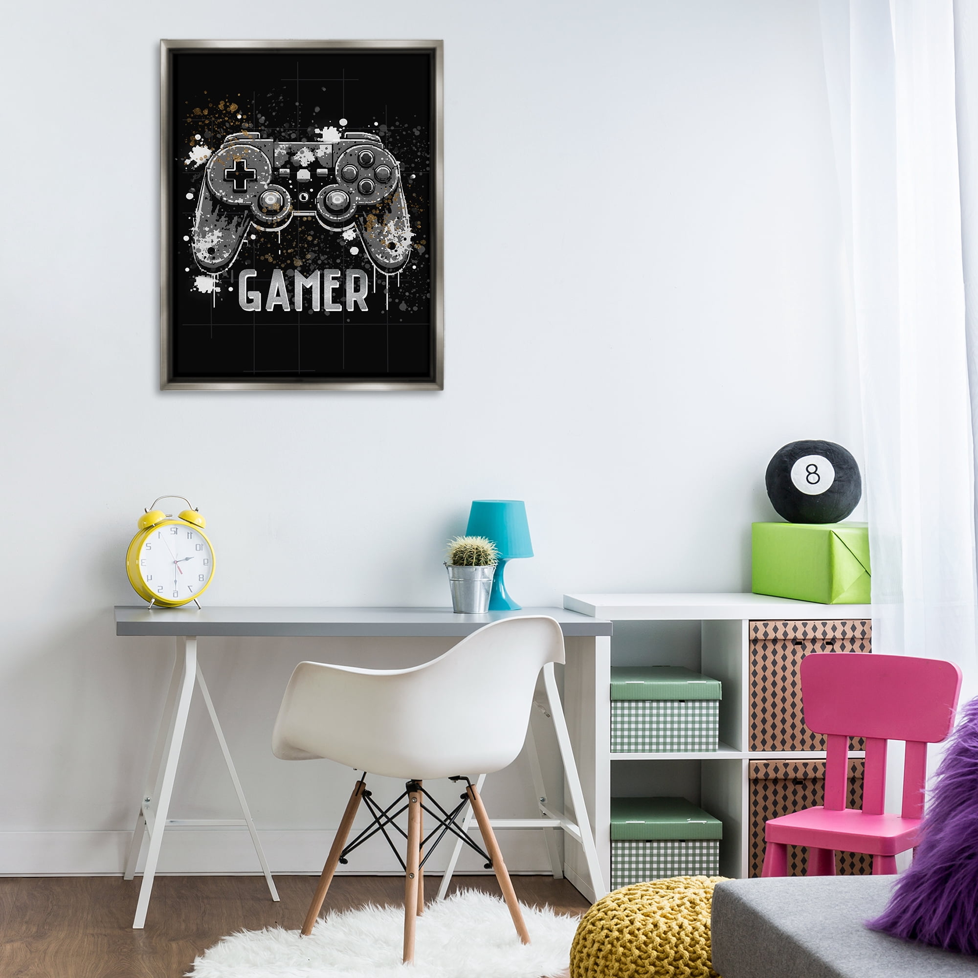 Stupell Industries Gamer with Modern Splash Entertainment Painting Gray Floater Framed Canvas Art Print Wall Art, 25 x 31