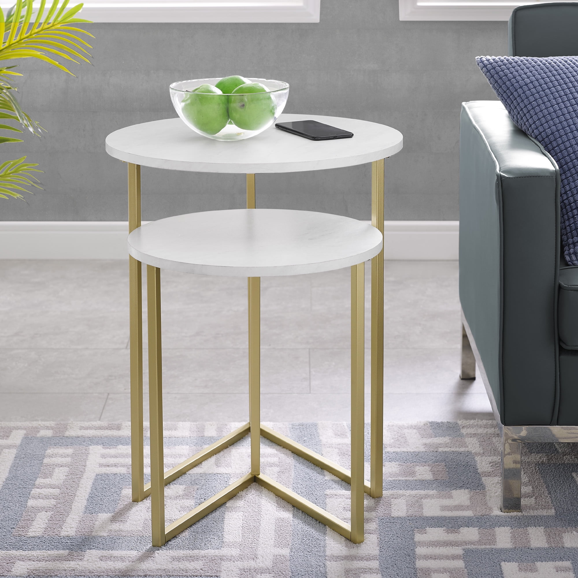 Walker Edison 2-Piece Round Nesting End Table, White Faux Marble/Gold