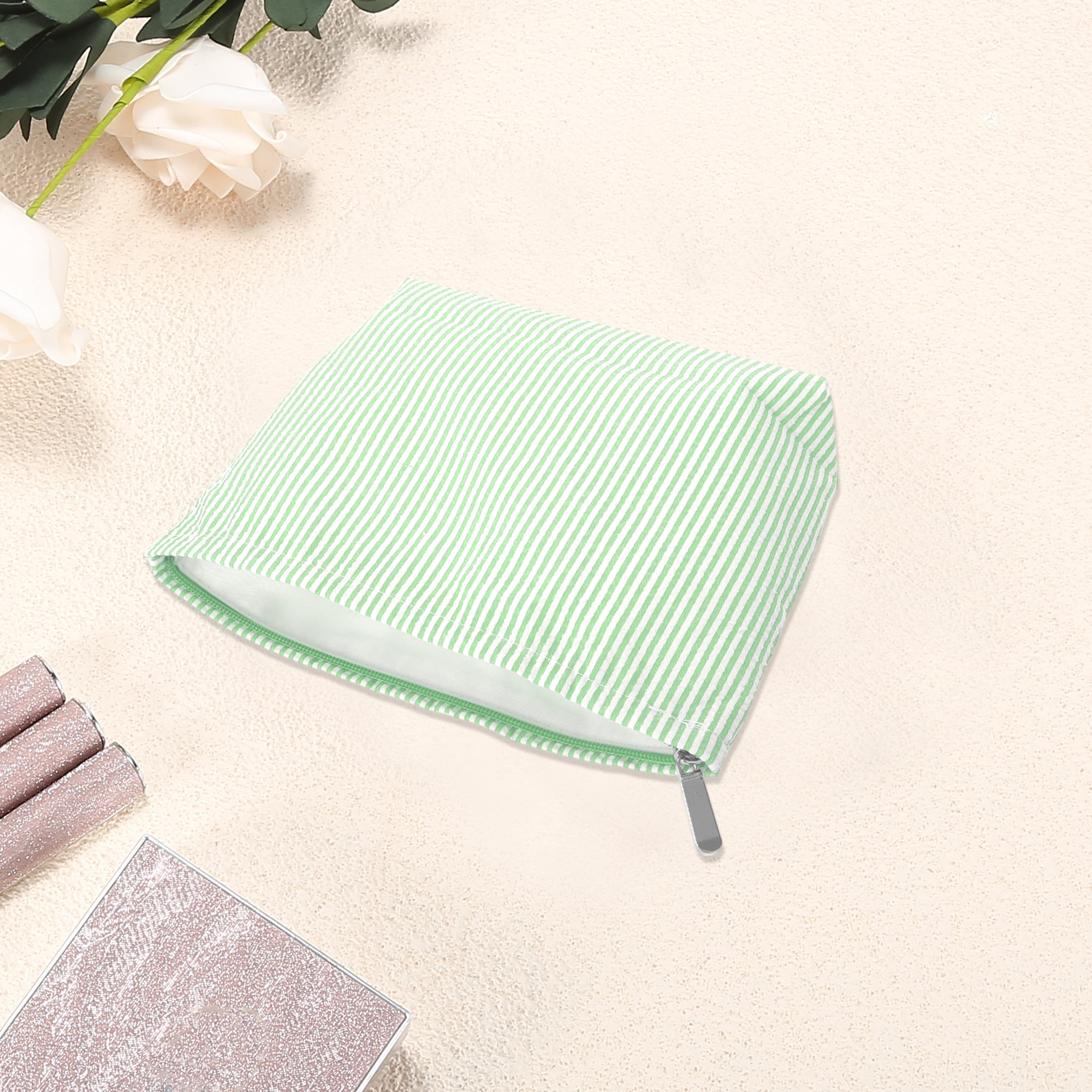 Unique Bargains 1 Pc Seersucker Stripes Makeup Bag Green