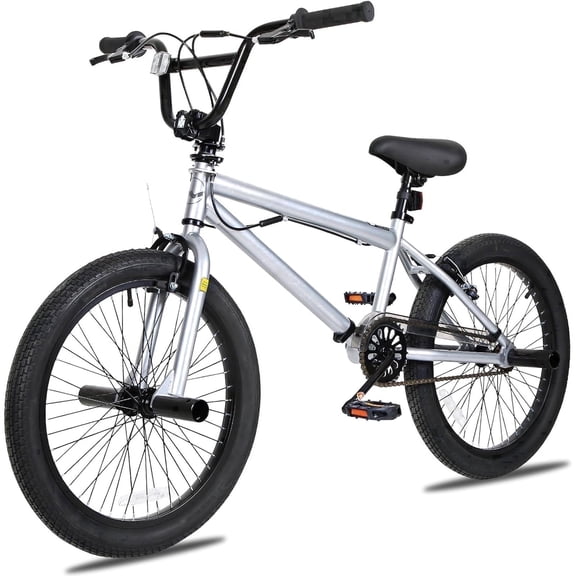 Hykolity 20 inch BMX Bike Freestyle Cycling Trick Bicycle with 4 Pegs for Teenage Adults Men Women Beginners Street Stunt Bike V-Brake Silver
