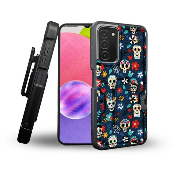 ANJ  Rugged Shockproof Holster Case Card Slot Kickstand   Tempered Glass Cover for Samsung Galaxy A03s - Candy Skull Carnival