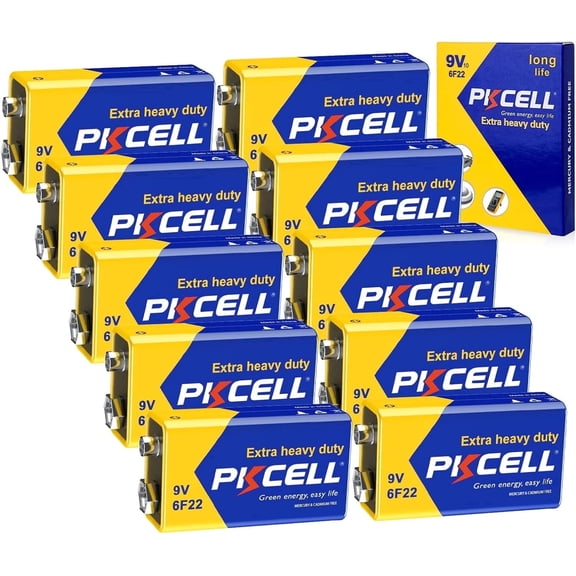 PKCELL Carbon Zinc 9V Batteries 10-Pack, Ultra Long-Lasting 9 Volt Carbon Zinc Batteries Perfect for Smoke Detectors