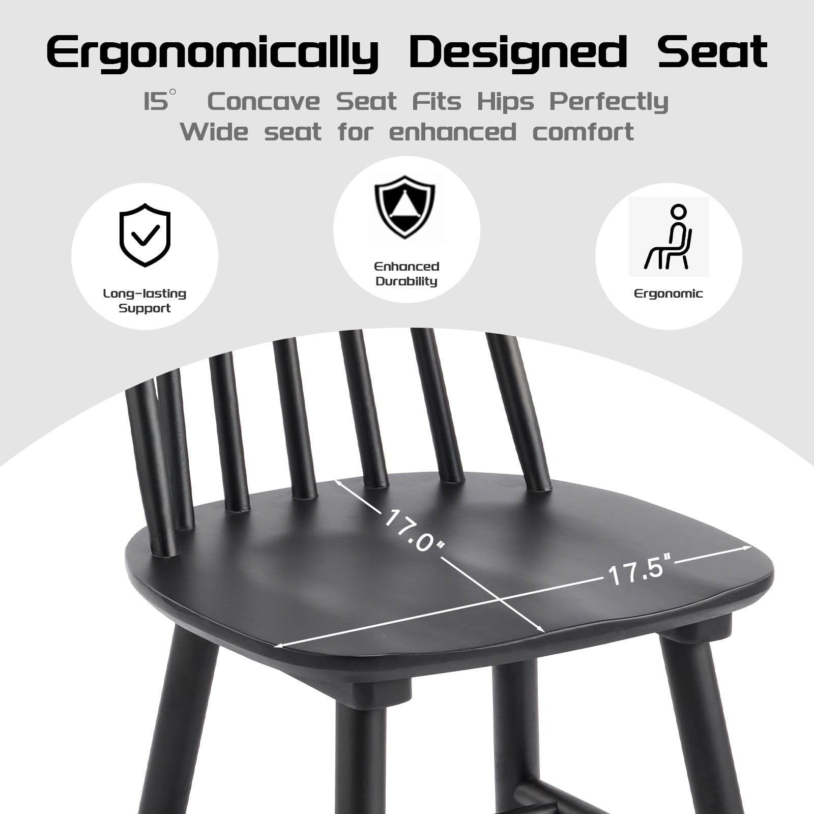 17.5''W Farmhouse Dining Chairs Set of 6, 7-Spindle Windsor Solid Wood Chair for Kitchen & Dining Room, Black