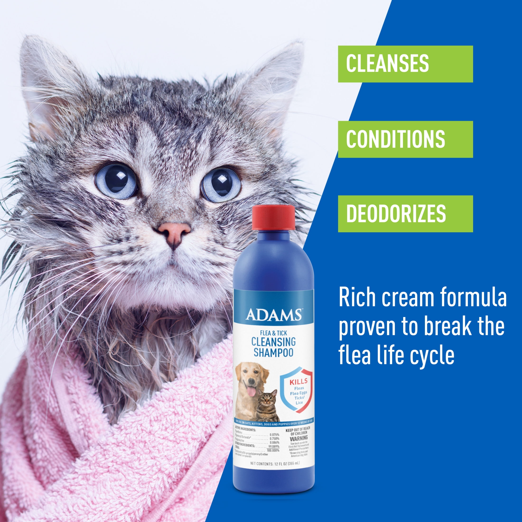 Adams Flea Tick Cleansing Shampoo for Cats and Dogs 12 ounces