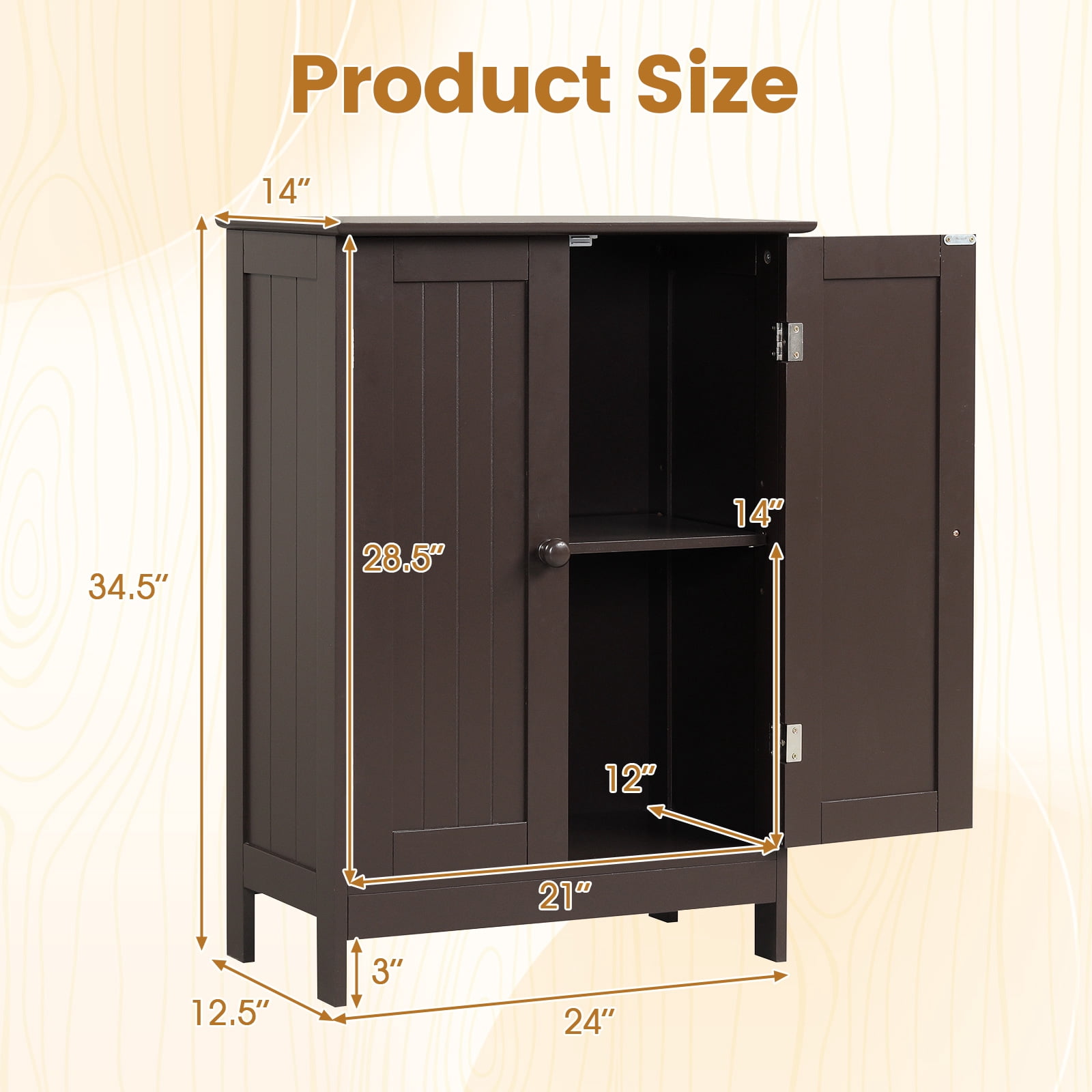 Gymax Bathroom Storage Cabinet Freestanding Wooden Floor Cabinet w/ Double Doors Adjustable Shelf Modern Storage Organizers for Kitchen Living Room Entryway Brown