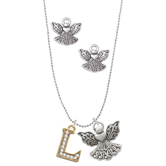 Delight Jewelry Goldtone Crystal Initial - L - Silver tone Guardian Angel Charm Necklace and Stud Earrings
