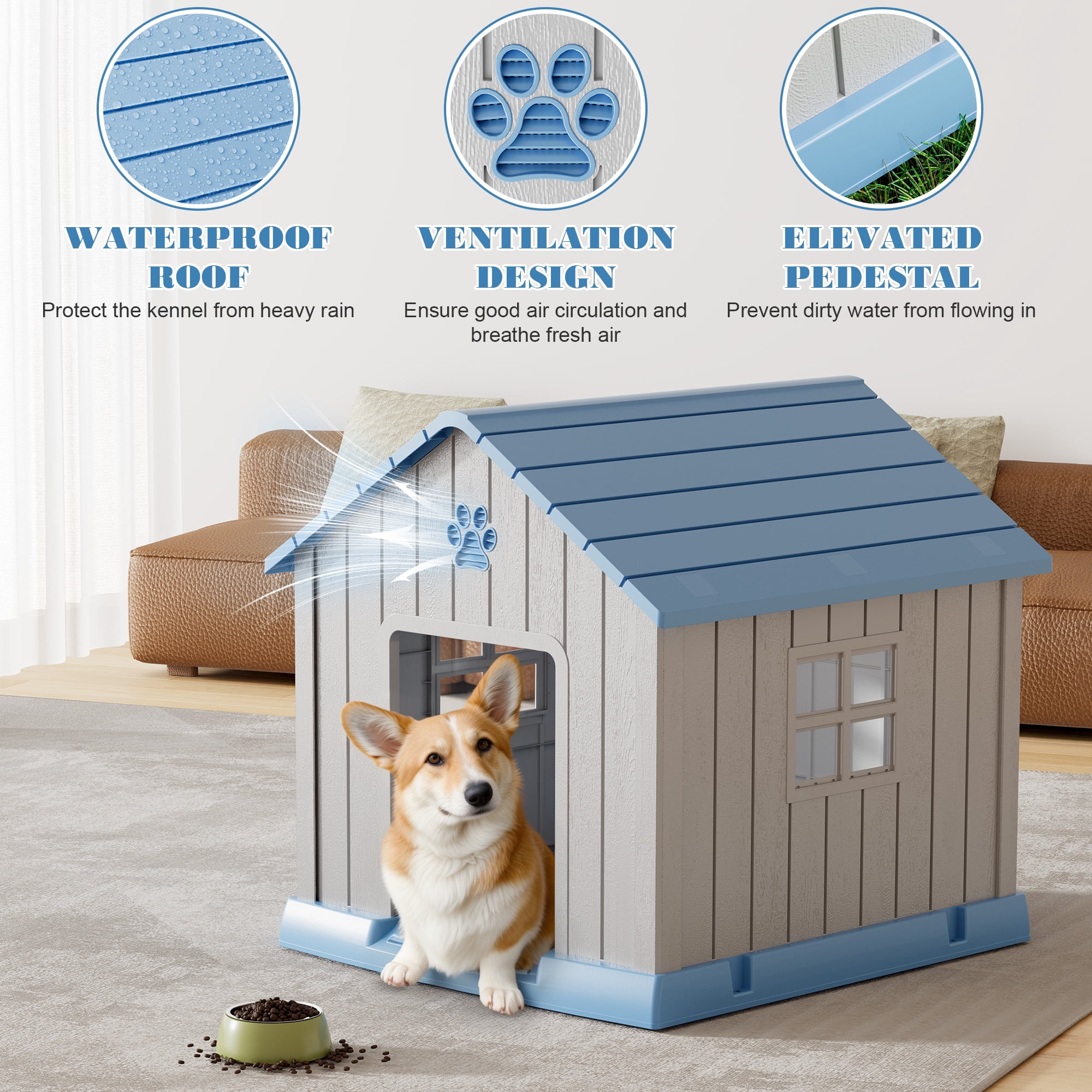 Bifanuo Durable Dog House, Indoor Outdoor Wateproof Doghouse, Pet Plastic Dog House for Small Medium Dogs,Grey and Blue ,31" L x 33.3" W x 33.5" H
