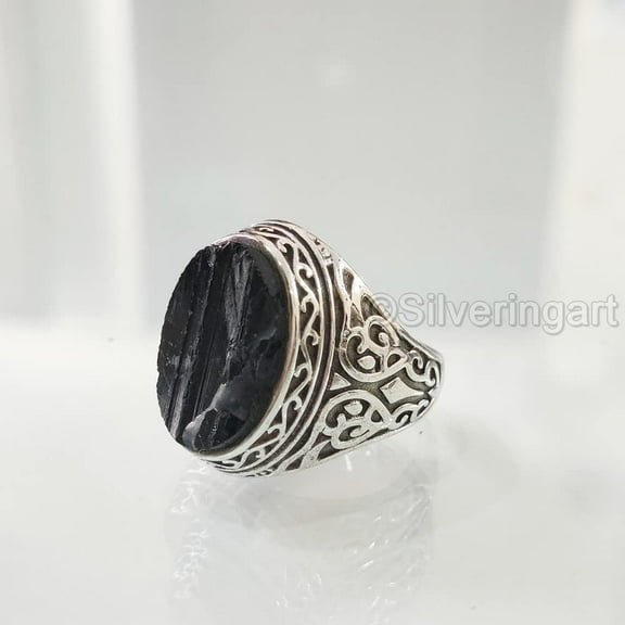 Rough Black Tourmaline Mans Ring, Natural Black Tourmaline, Silver Jewelry, 925 Silver Ring, Birthday Gift, Heavy Mens Ring, Arabic Design, Ottoman Style Ring, Christmas, Turkey Mens Signet Ring