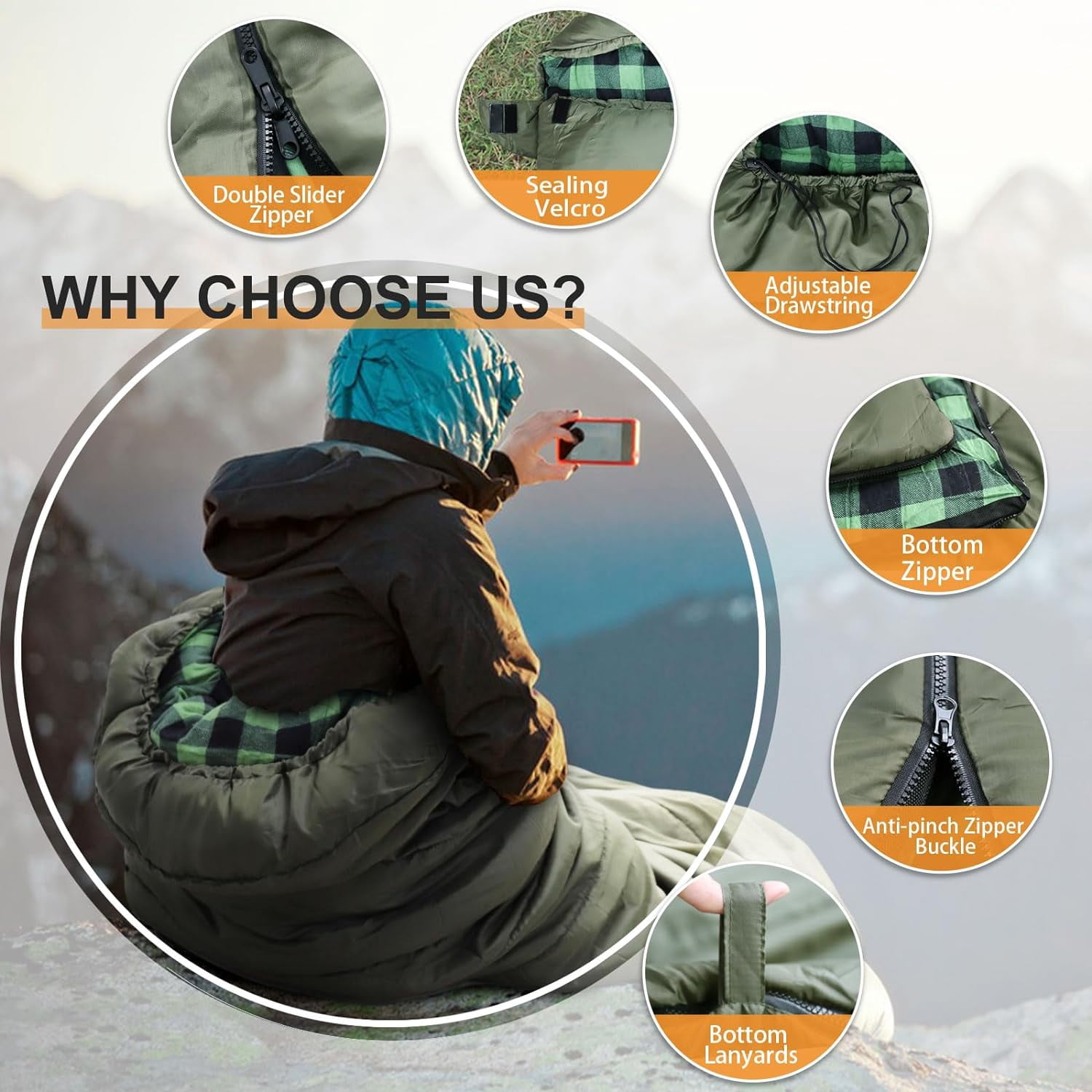 0 Degree Sleeping Bag 100% Cotton Flannel XXL Cold Weather Winter Oversized for Adults Camping Zero Big and Tall with Compression Sack