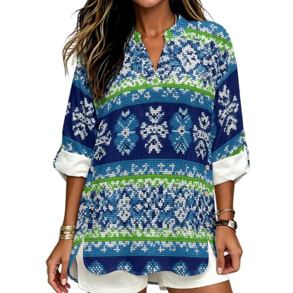 FKELYI Faux Linen Blouse for Women Aztec Tribal Geometric Blue Print Summer Shirts with Rolled Cuff Sleeve Design Ladies Vacation Outfits Relaxed Fit Top Shirts, M
