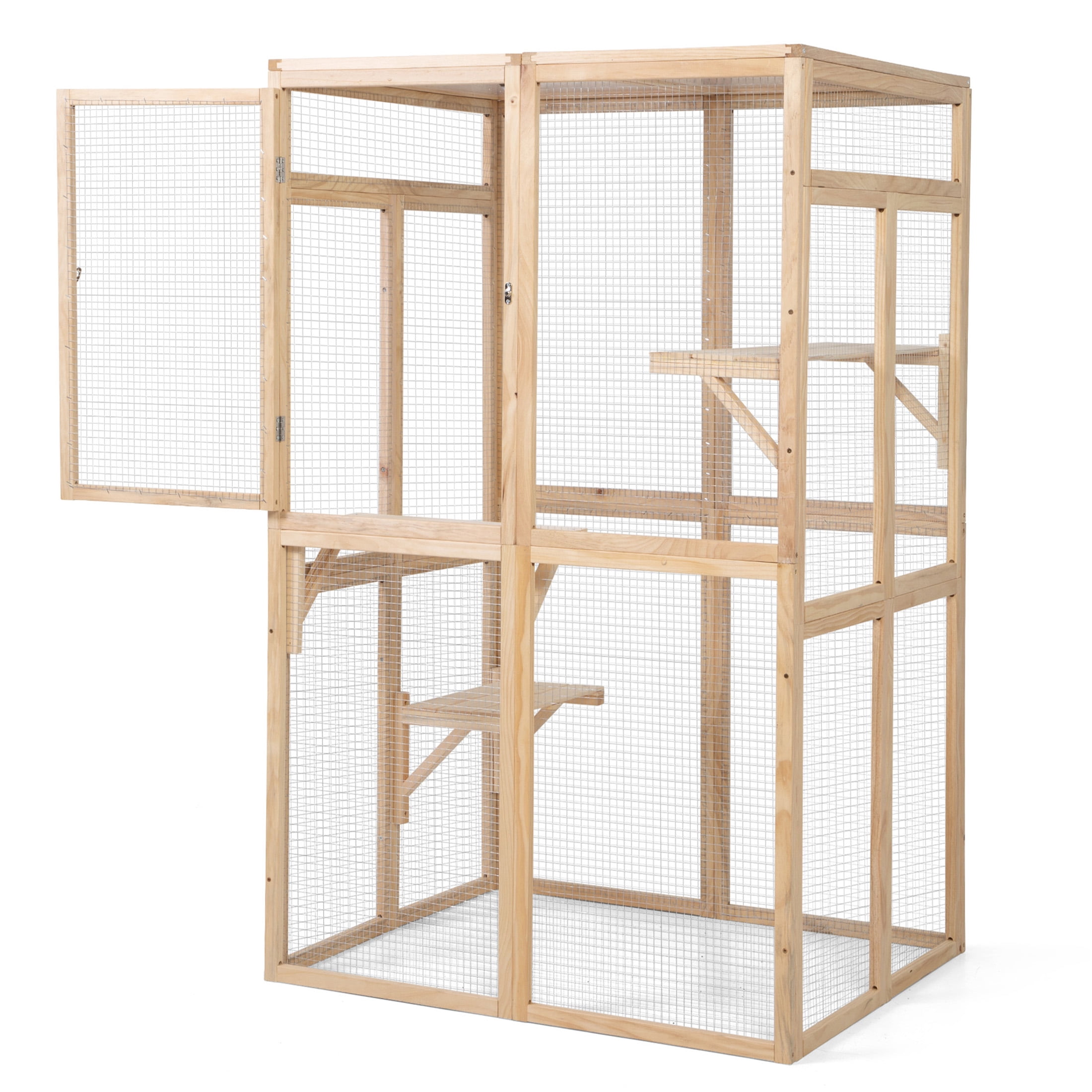 JERFIT Large Outdoor Wooden Catio Enclosure with Sunroof, Platforms & Hammock for Indoor Outdoor Cats, Weatherproof Cat House Cage Condo in Burly Wood
