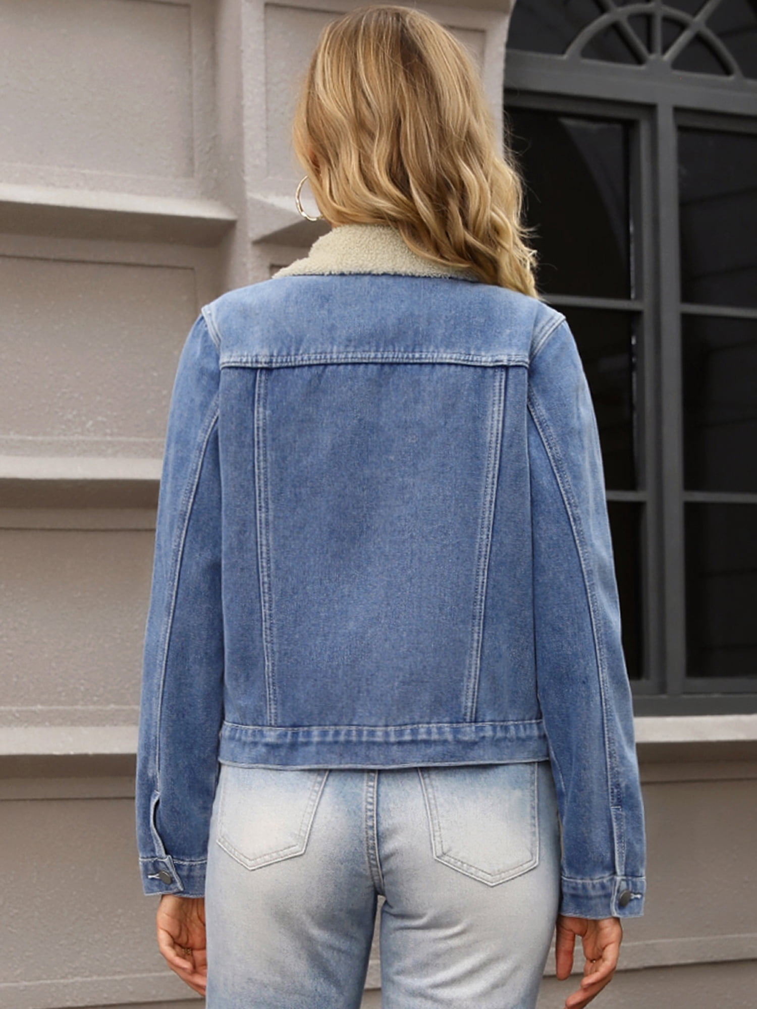 DARING DIVA Women's Faux Fur Collar Fleece Lined Denim Trucker Jacket XL Blue