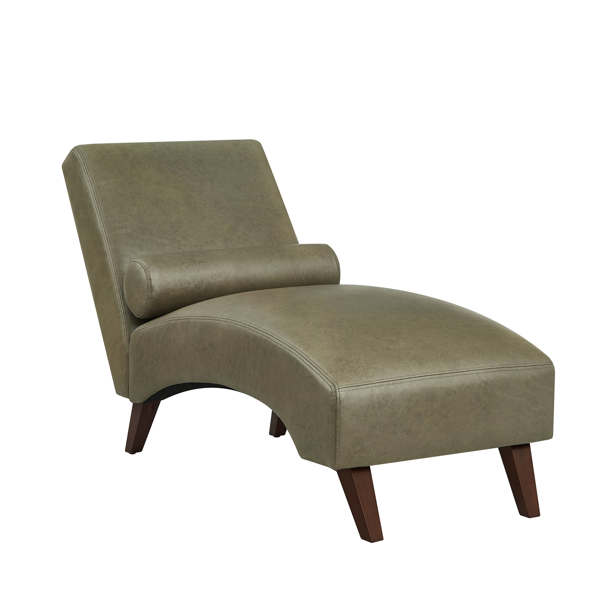 Leumius Chaise Lounge Chair with Bolster Pillow, Upholstered in Premium Tech Fabric, Mid-Century Modern Curved Lounger for Living Room, Bedroom and Reading Nook Olive Green