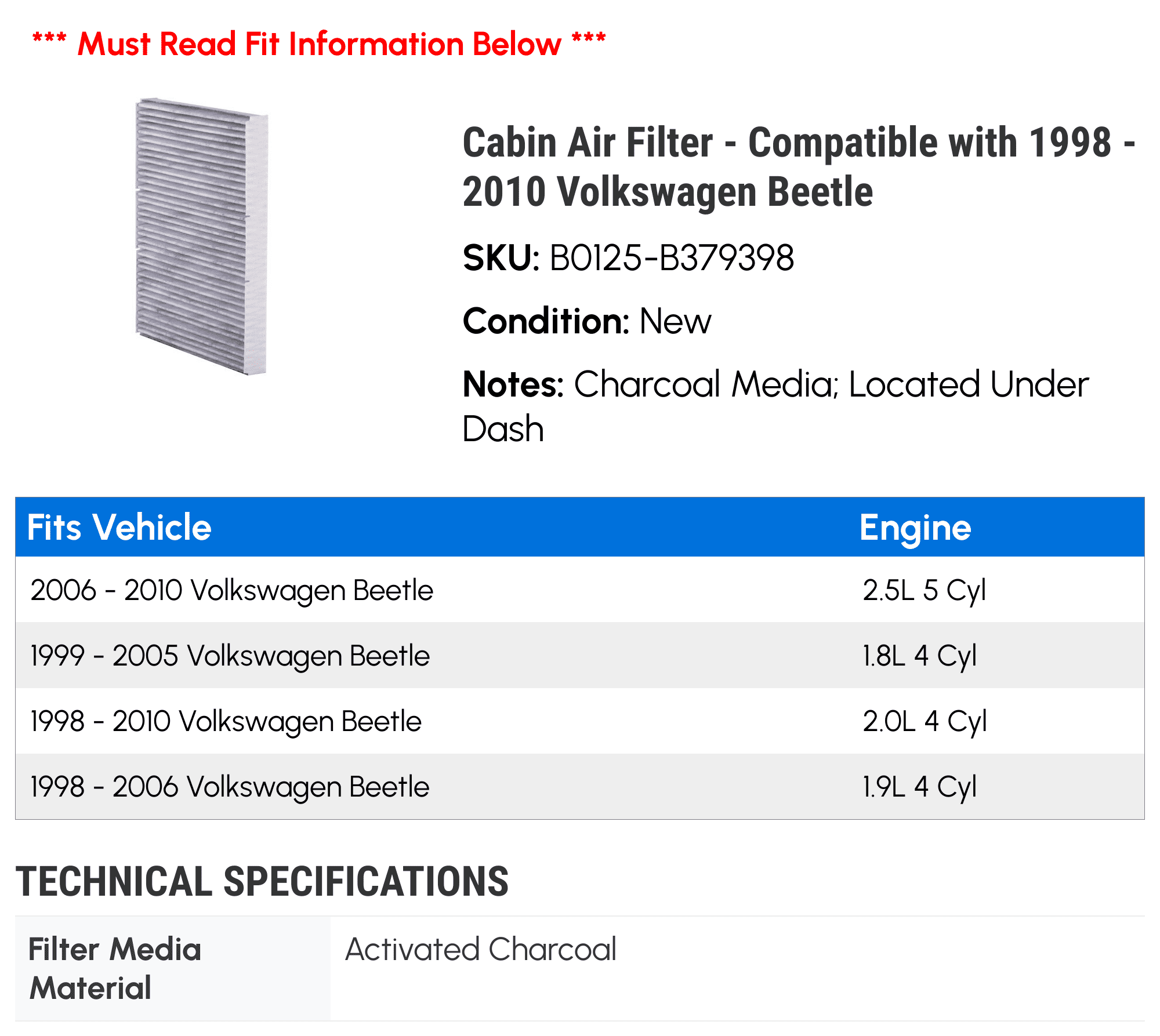 Cabin Air Filter - Compatible with 1998 - 2010 Volkswagen Beetle 1999 2000 2001 2002 2003 2004 2005 2006 2007 2008 2009