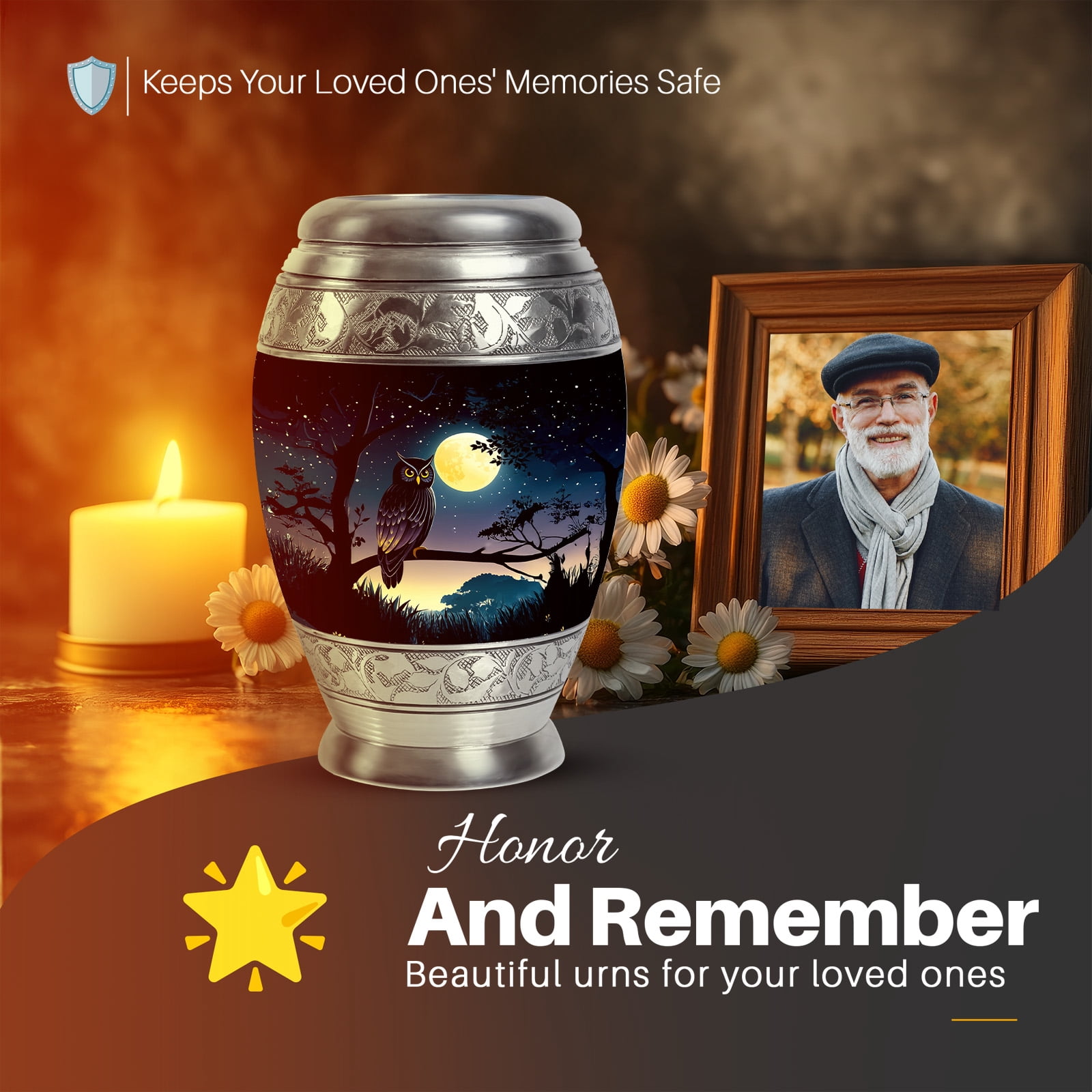 Yatskia Full Moon Owl Large Cremation Urns for Human Ashes Adult Brother and Sister, Small Memorial Keepsake Urn for Adult Ashes, (Monar 10 Inch and 3 Inch)