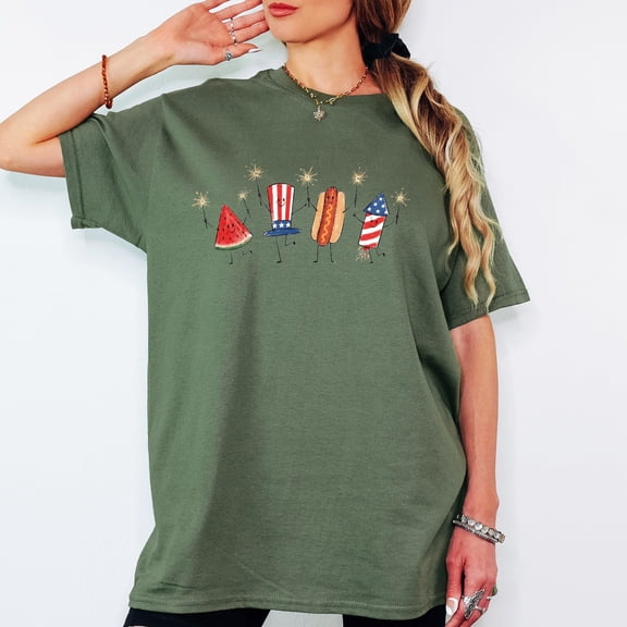 Patriotic Doodle 4th of July Tee, Watermelon Hotdog Firework Shirt, Retro American Funny Summer 250th Anniversary Apparel, Unisex S-5XL