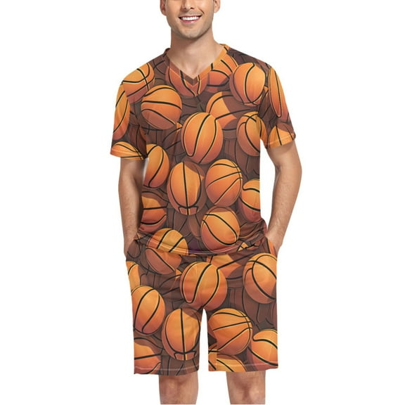 joogoo Men's Pajama Set Basketball V-Neck Pj Shorts Set 2 Piece Loungewear Sleepwear L