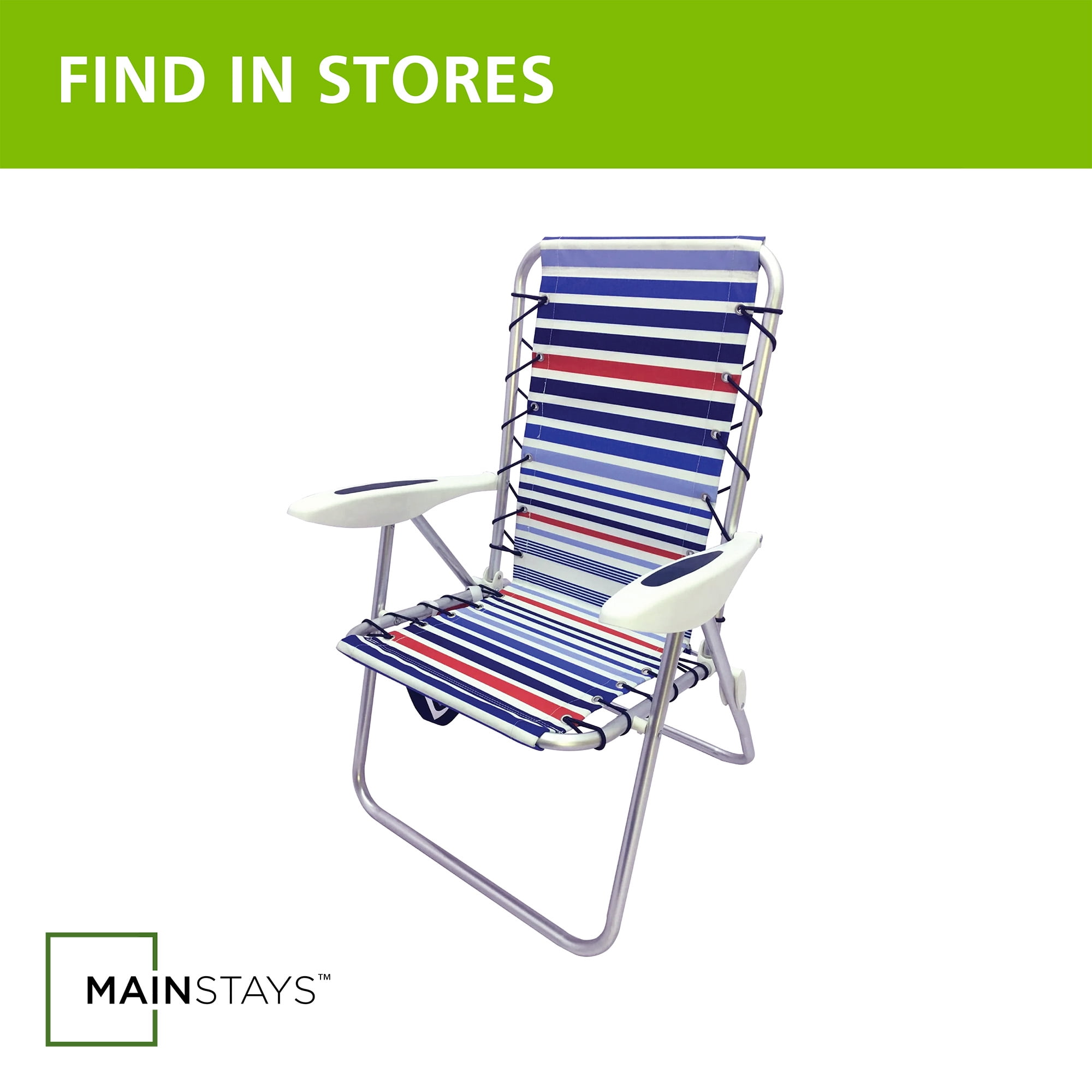 Mainstays Aluminum Bungee Reclining Fabric Beach Chair with Storage Pockets, Red White & Blue Stripe
