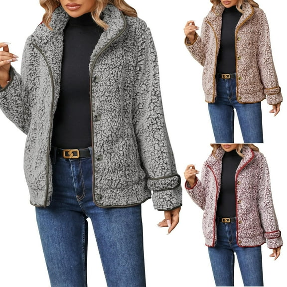 BiZtdJrK Womens Winter Jackets Warm Fluffy Fleece Sherpa Jackets Casual Button Front Lapel Cardigans Solid Color Plush Coats Fall Clothes Lightning Sale Black M