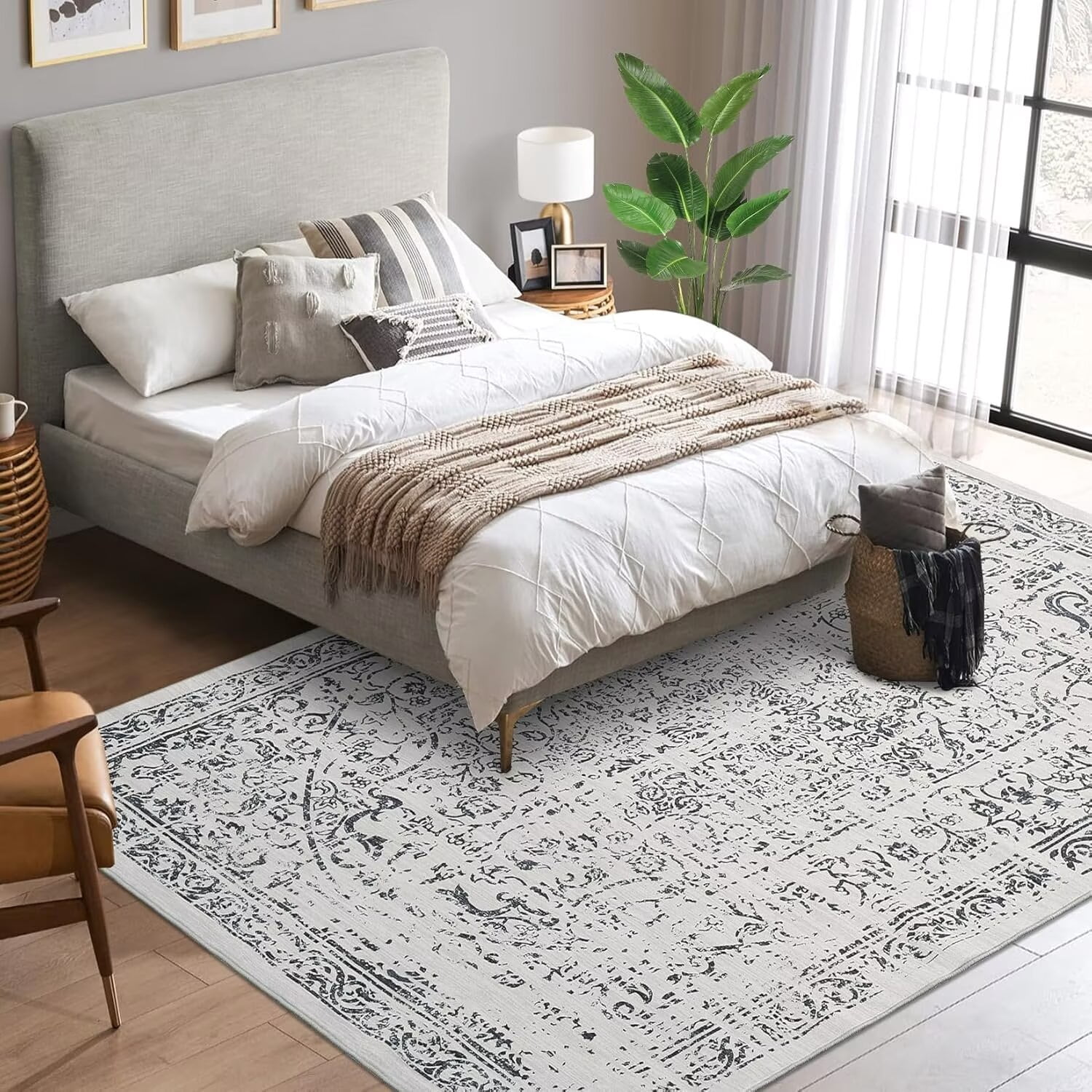 FairOnly Vintage Large Area Rugs 9'x12' Gray Washable Non Slip Soft Carpet for Living Room Ultra-Thin Indoor Floor Cover