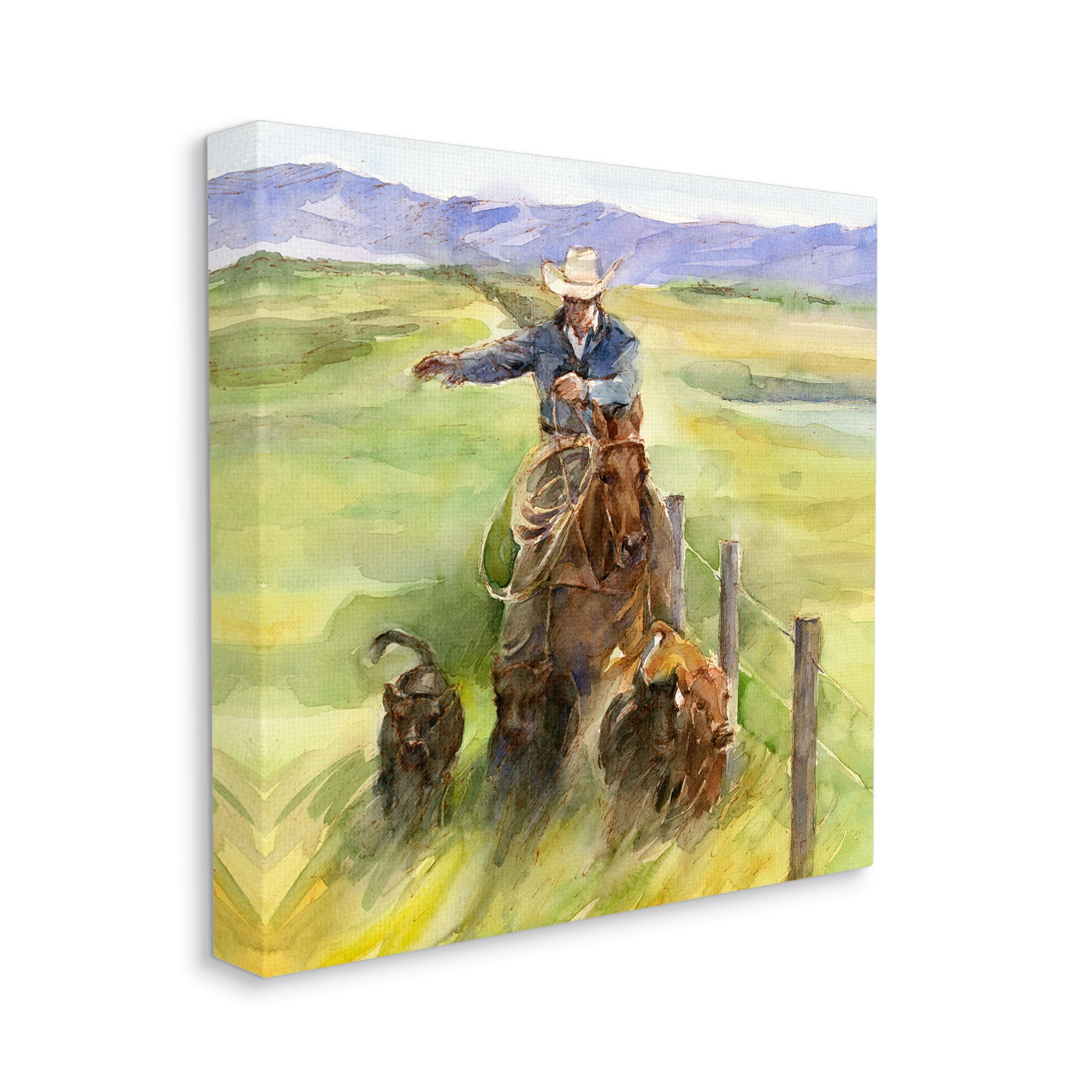 Stupell Industries Cowboy with Cattle Watercolor Animals & Insects Painting Gallery Wrapped Canvas Art Print Wall Art, 17 x 17
