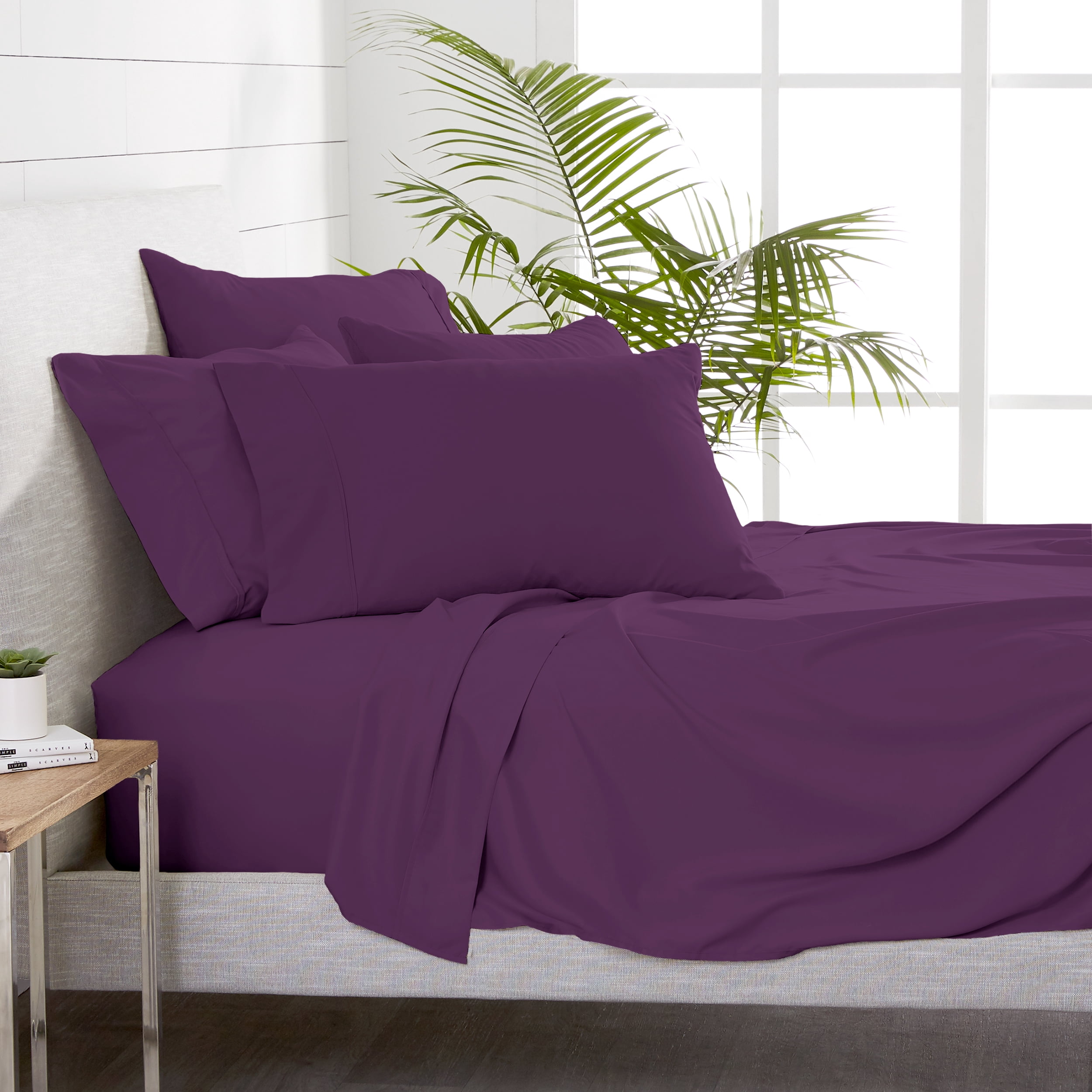 Bare Home 6 Piece Sheet Set, Microfiber, 2 Extra Pillowcases, Queen, Plum